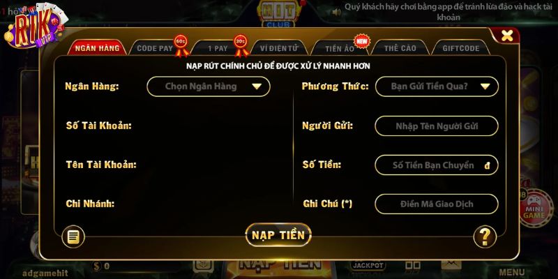 Cách nạp tiền vào nhà cái Hitclub